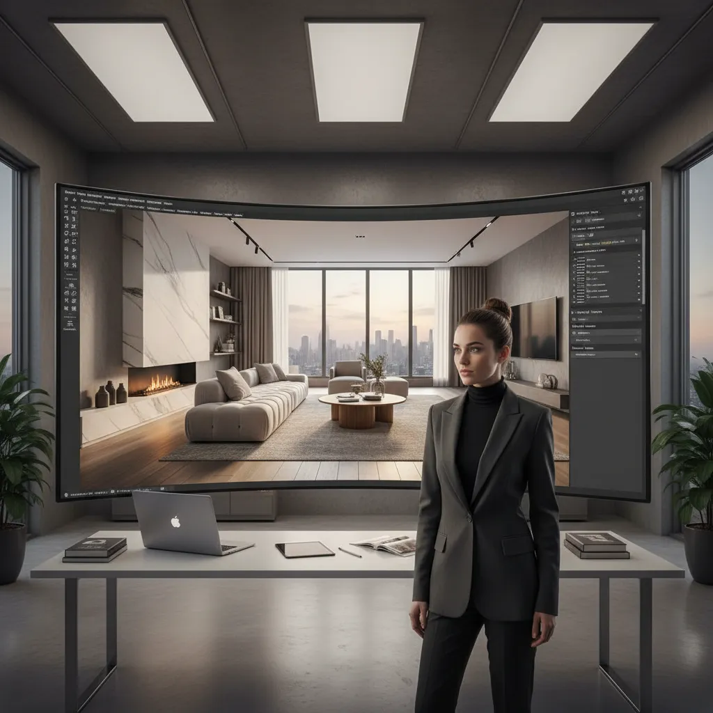 designer reviewing a realistic 3D room model on a large screen during interior planning