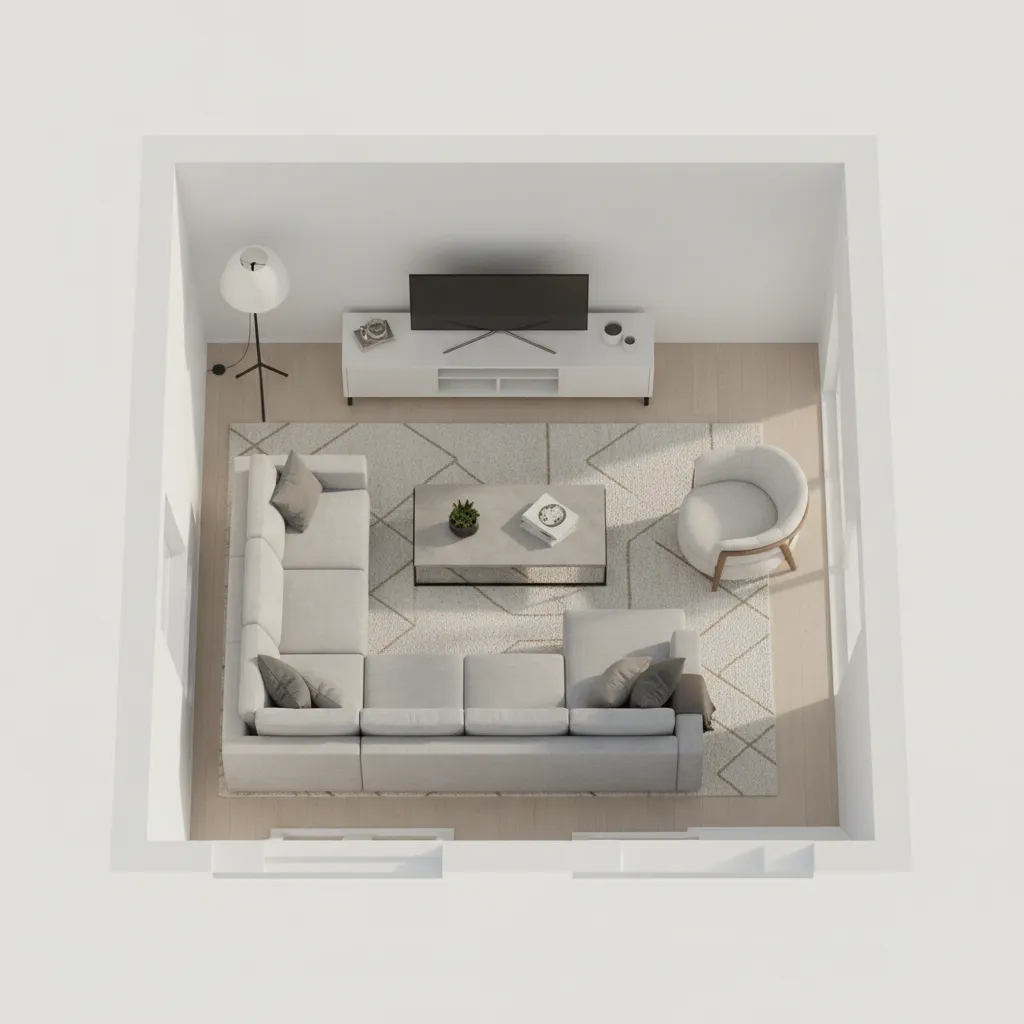 top view 3D floor layout with furniture placement and room dimensions