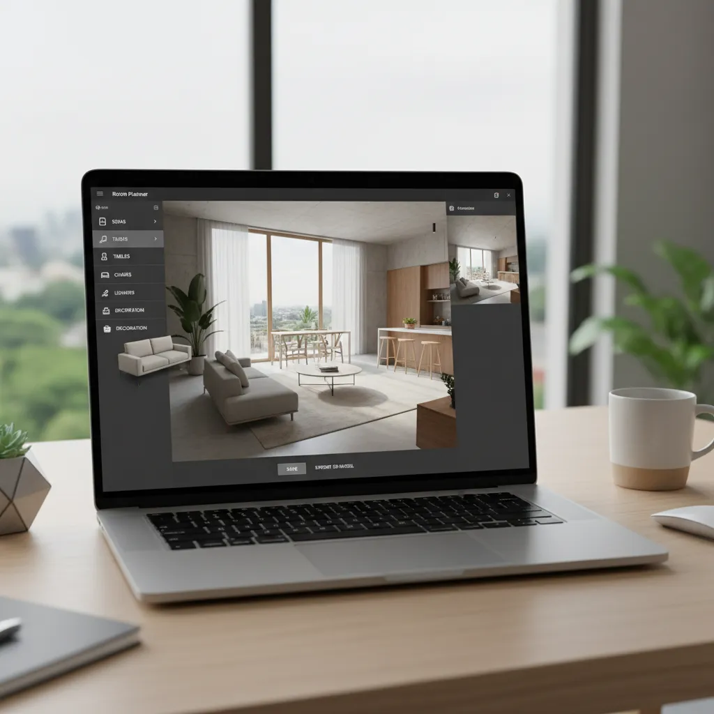 Laptop on desk showing interior design software with a modern living room and kitchen layout