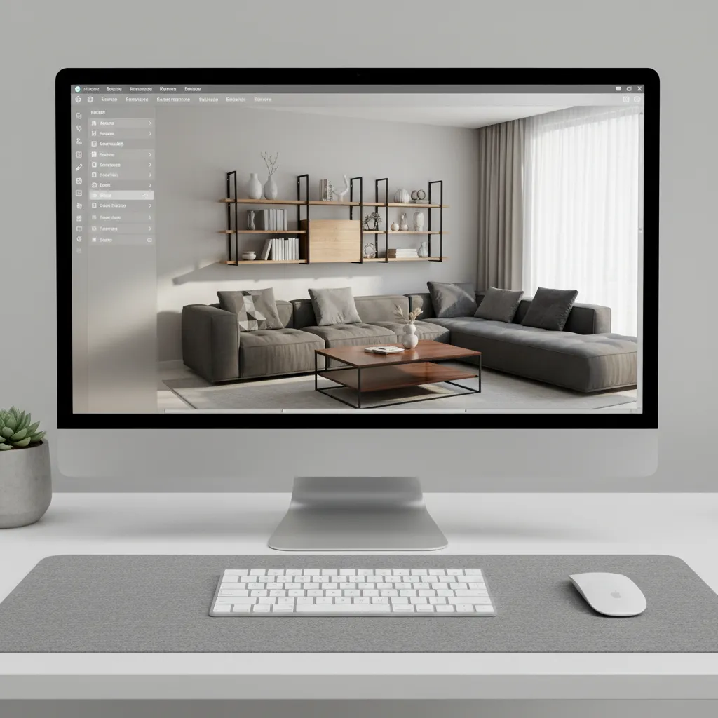 Interfaz de planificador de habitaciones en 3D mostrando muebles colocados en un salón virtual