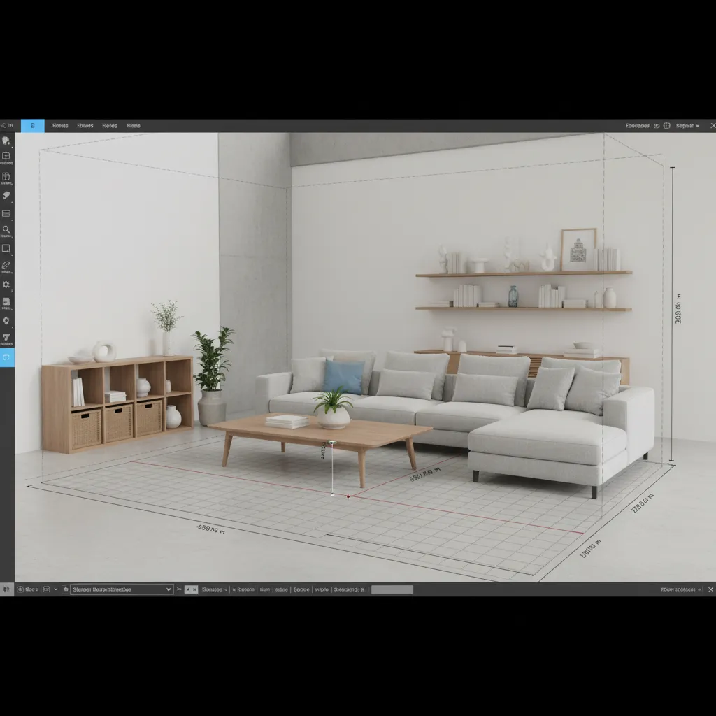 Interfaz de software mostrando un diseño 3D de salón con muebles y medidas