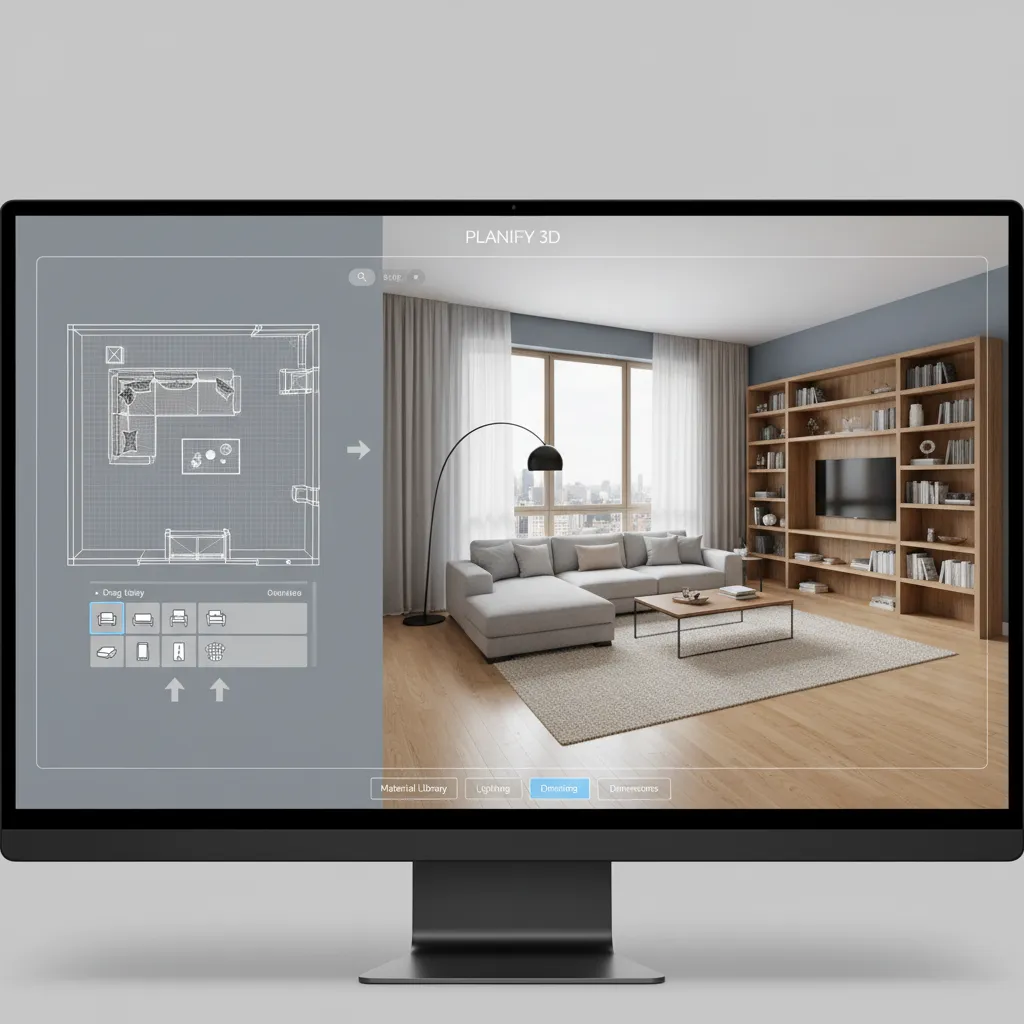 Plano 3D de una sala diseñado con una aplicación de planificación de espacios