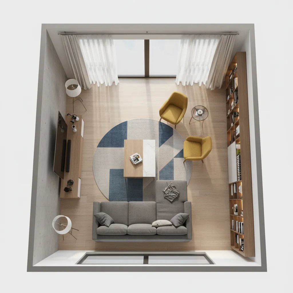 Planificador 3D mostrando distribución de muebles en un salón