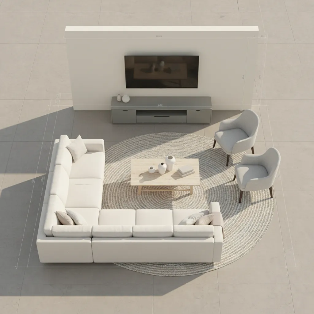 Digital 3D room planner interface showing furniture layout from top view