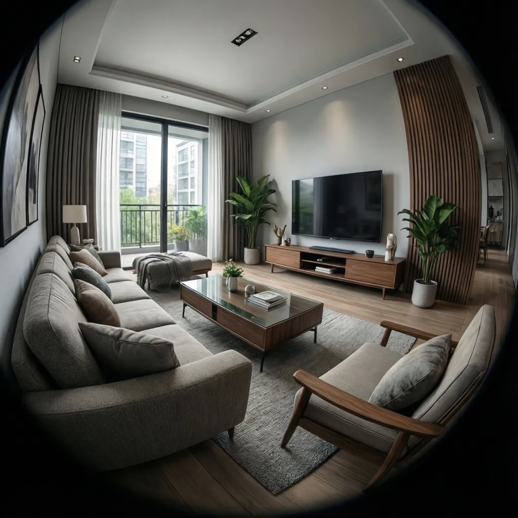 3D living room layout visualization showing sofa placement and walking space