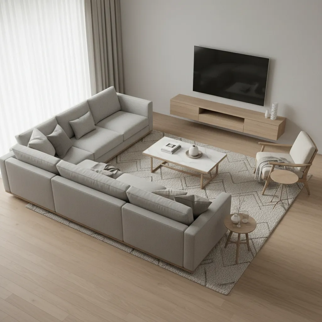 3D room planner showing a modern living room layout with sofa coffee table and TV