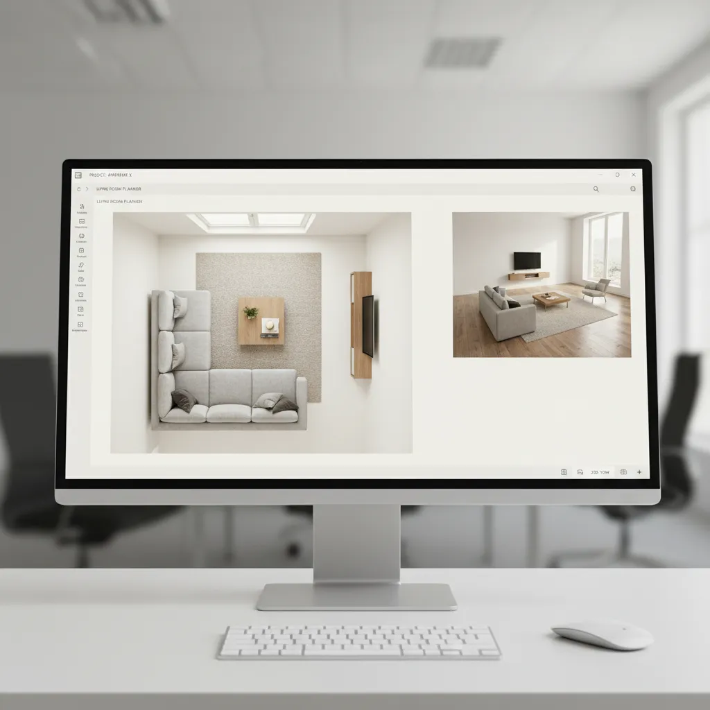 3D room planner interface showing living room layout and furniture placement