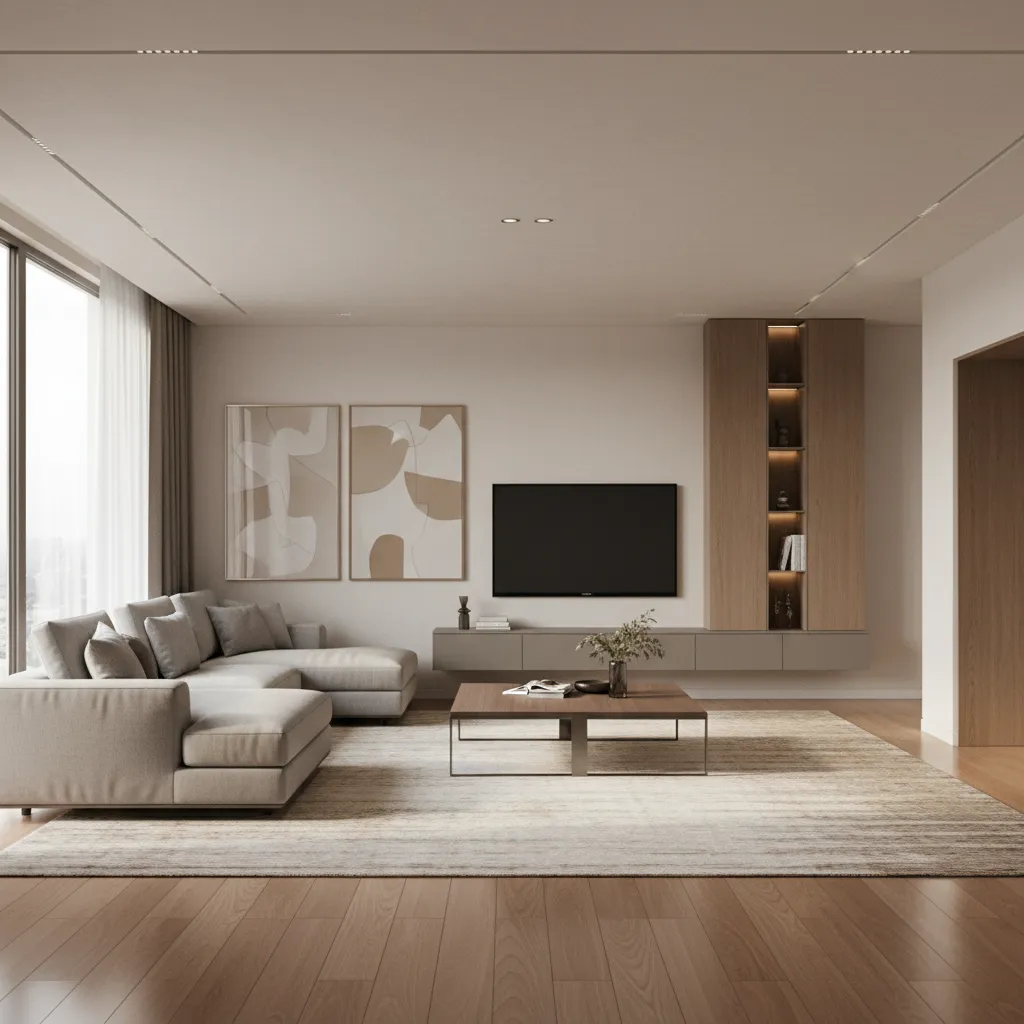 3D room planner showing a modern living room layout with sofa coffee table and TV wall