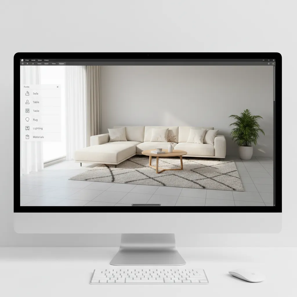 Living room displayed inside a 3D room planner interface showing furniture layout