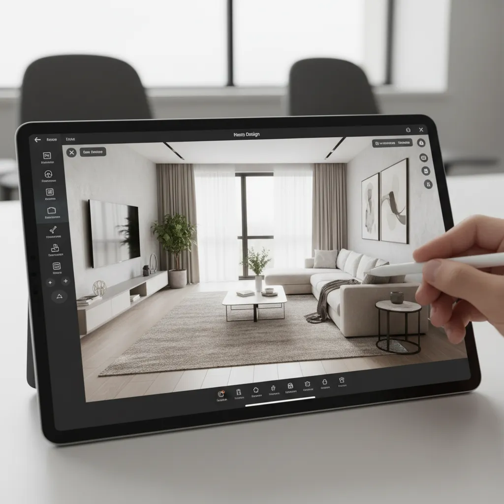 Aplicación de diseño mostrando una habitación en 3D en una tablet