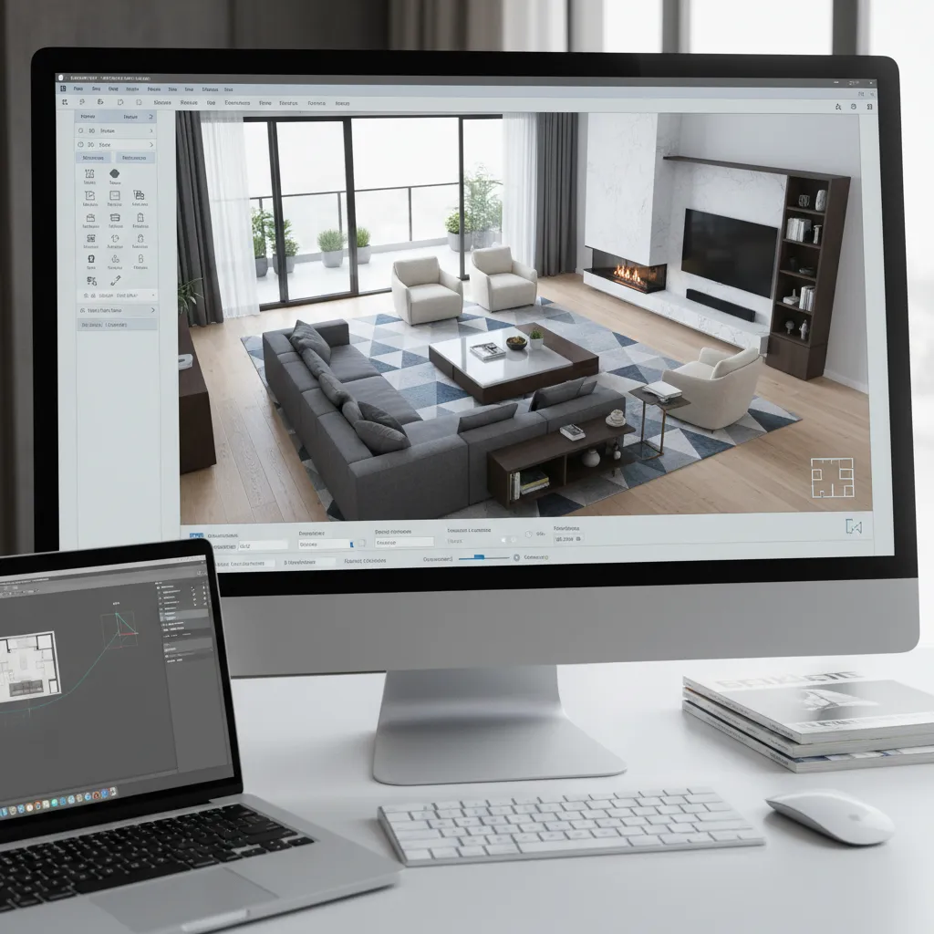 Visualización 3D de la distribución de un salón en un software de diseño