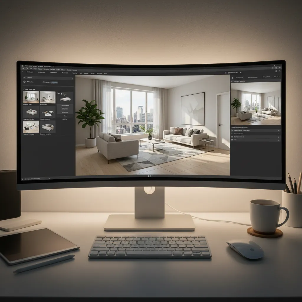 Visualización 3D de distribución de habitación en software de diseño interior