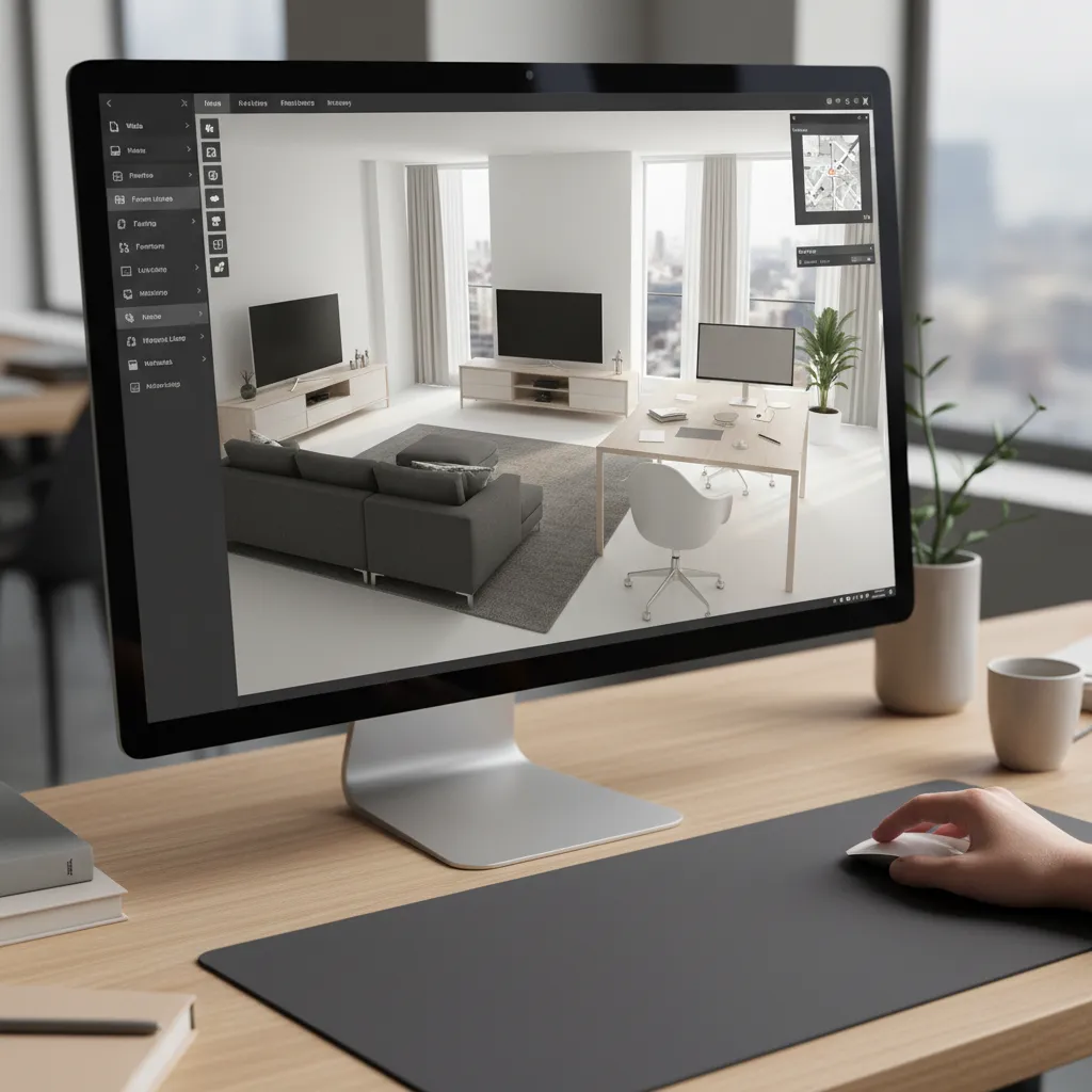 Pantalla mostrando software de planificación de interiores en 3D
