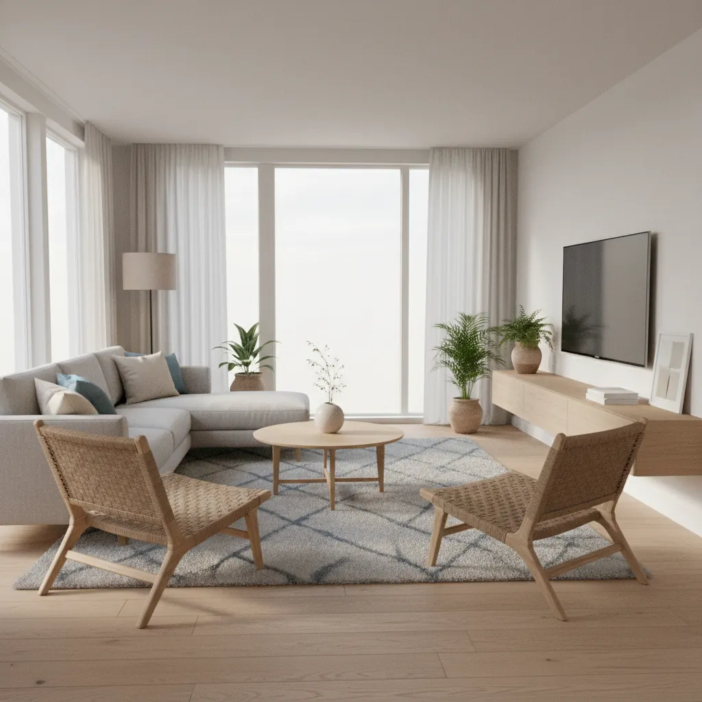 Visualización 3D de una sala moderna creada con software de diseño interior