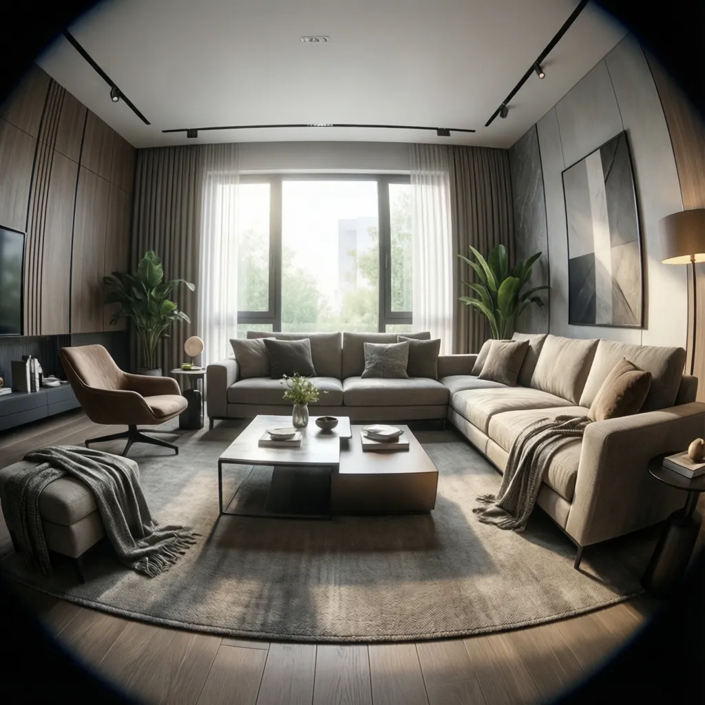 Visualización 3D de una sala moderna creada con una aplicación de diseño