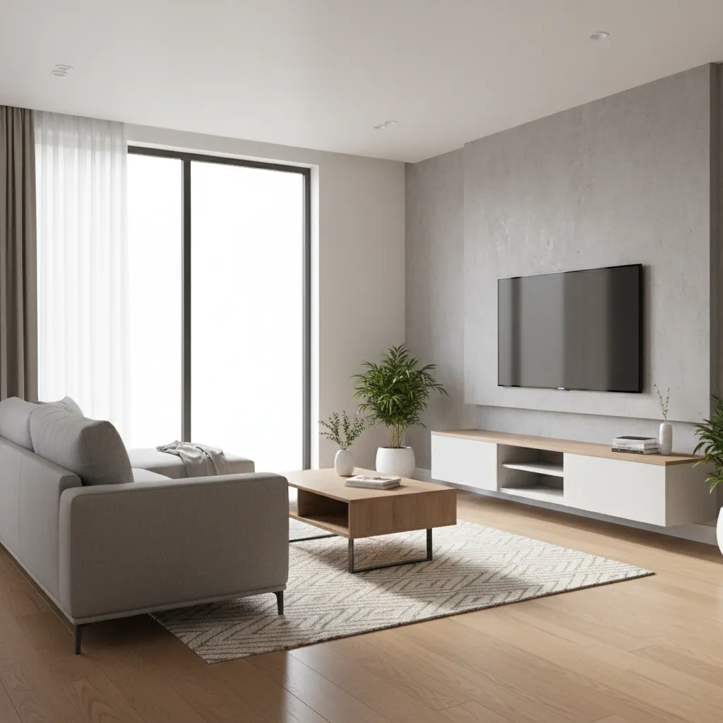 3D visualization of a small living room created with beginner interior design software