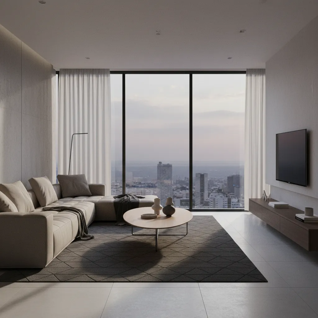 Modern living room with grey sofa wooden coffee table and city view through large windows