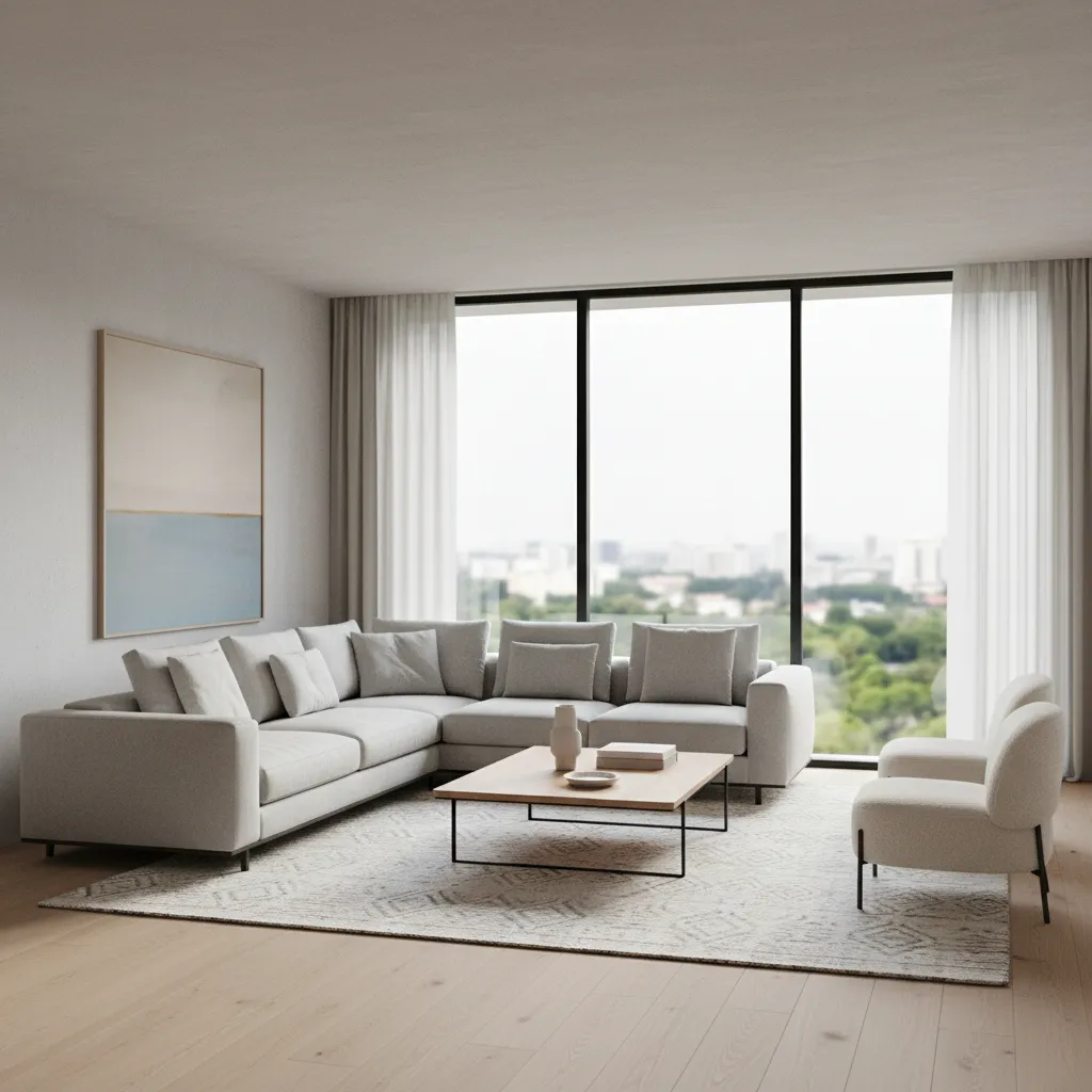Realistic 3D living room interior design visualization with furniture layout