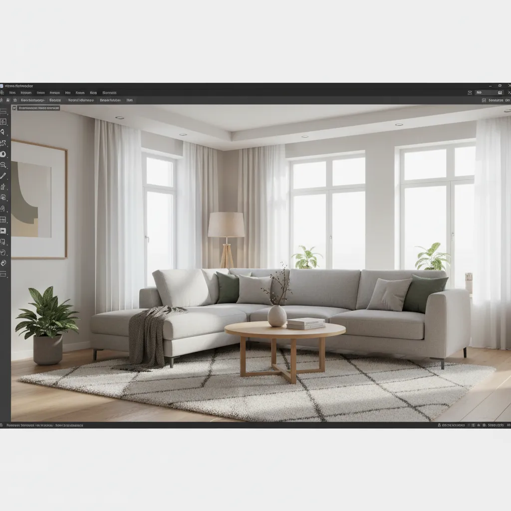 3D interior design software visualization showing a modern living room layout