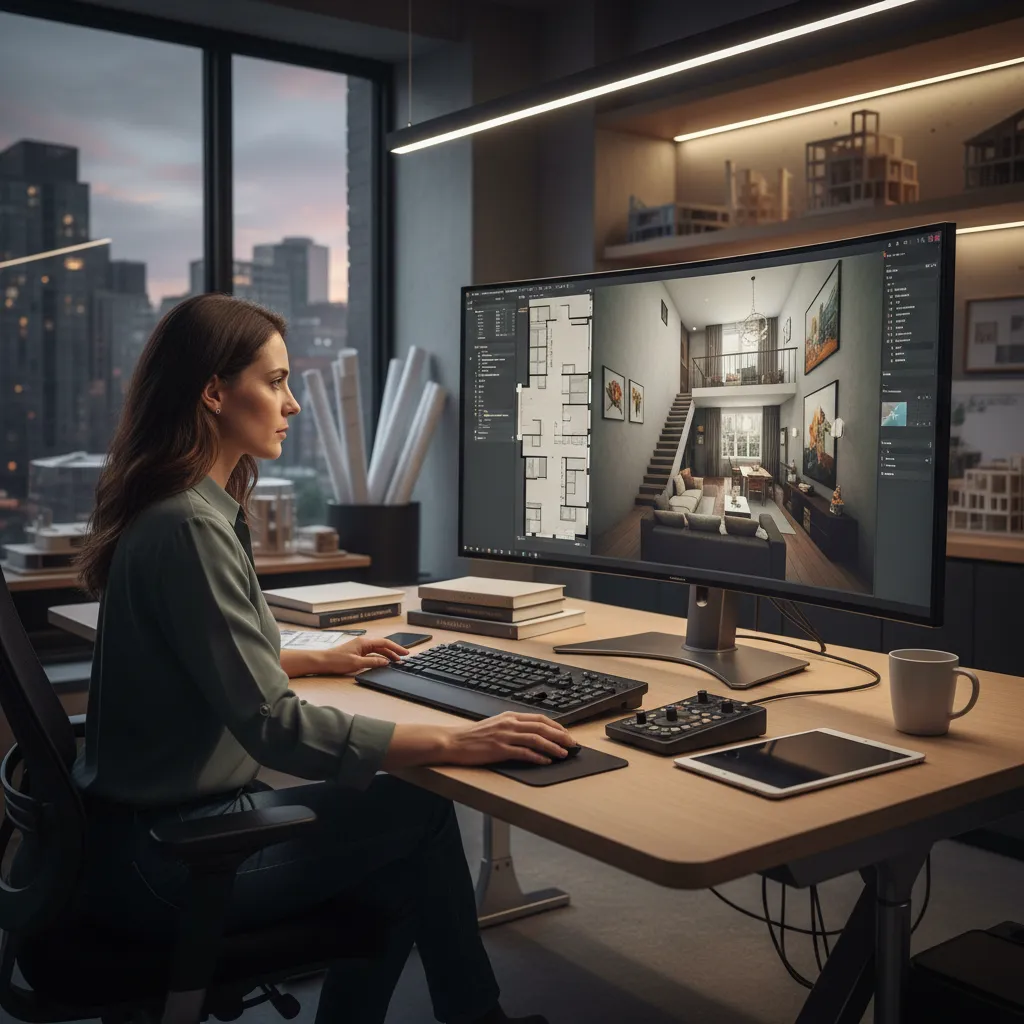 Visualización 3D del diseño interior de una casa entre medianeras