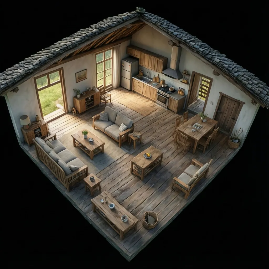 3D visualization of a small rural house interior layout