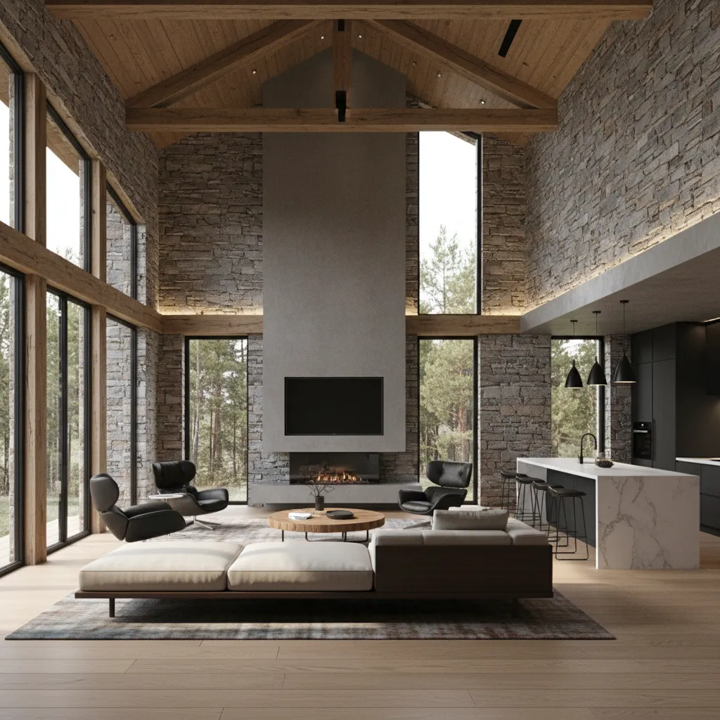 Visualización 3D de diseño de casa rústica moderna