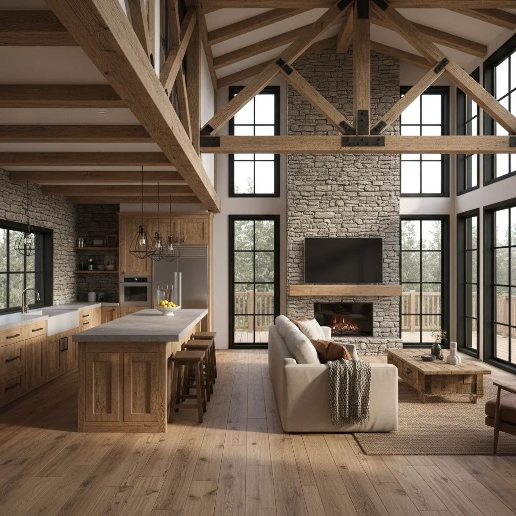 Visualización 3D de diseño interior de casa rústica prefabricada
