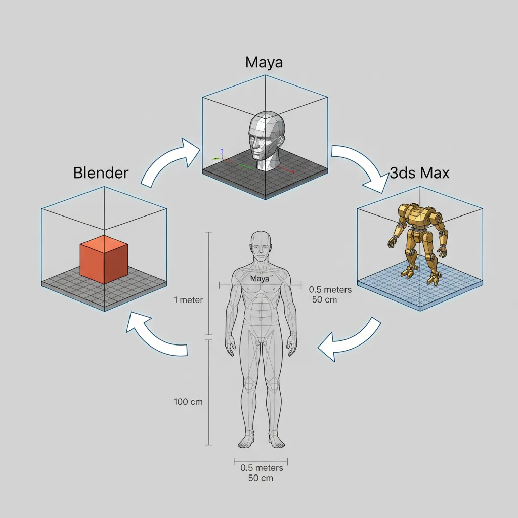 diagram showing scale conversion between Blender Maya and 3ds Max