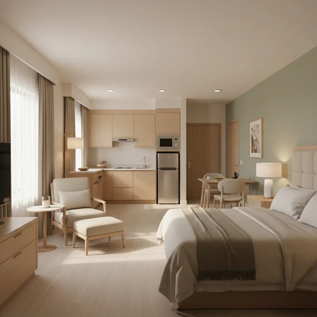 Modern studio room with a large bed, green wall, dining table, kitchen, and comfortable footrest