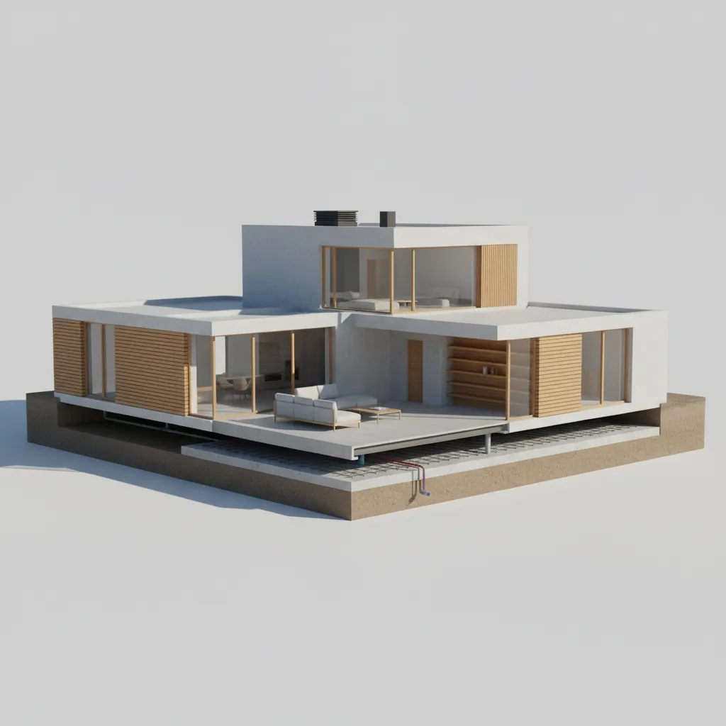 Modelo 3D de una vivienda mostrando la losa de cimentación