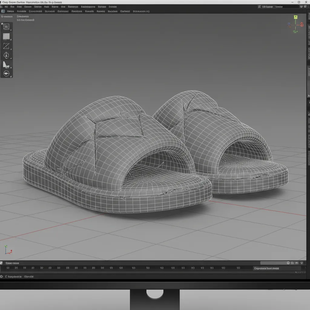 3D slippers model showing overlapping faces and geometry issues in wireframe view