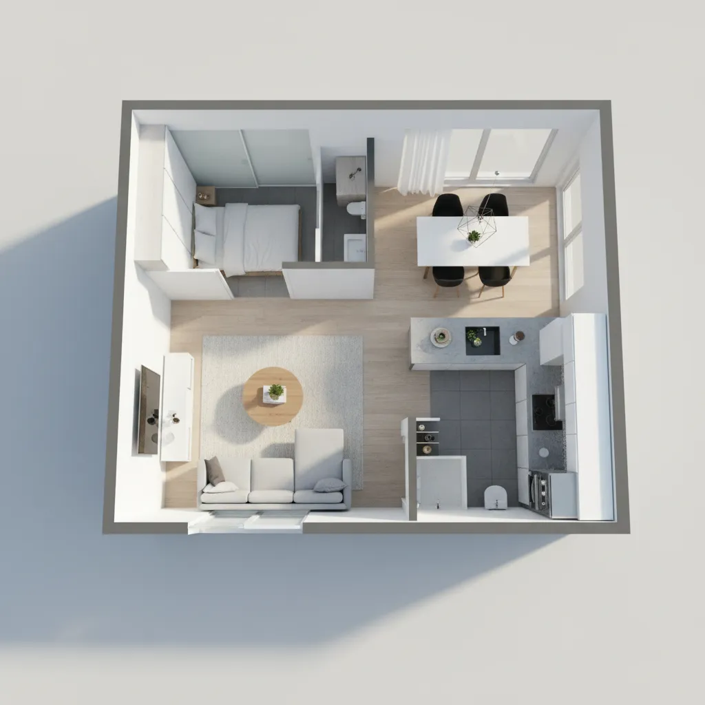 Visualización 3D de diseño interior para un apartamento pequeño