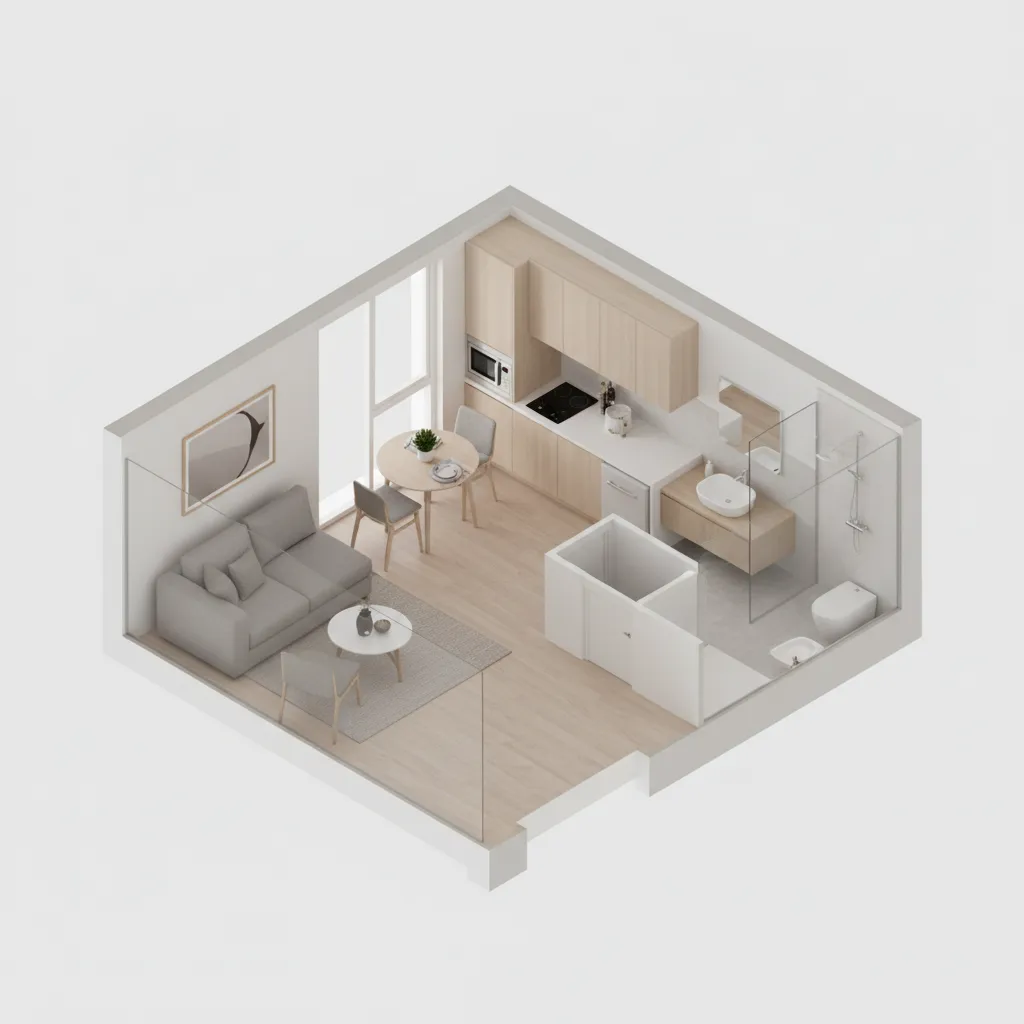 3D floor plan of a compact studio apartment with furniture layout