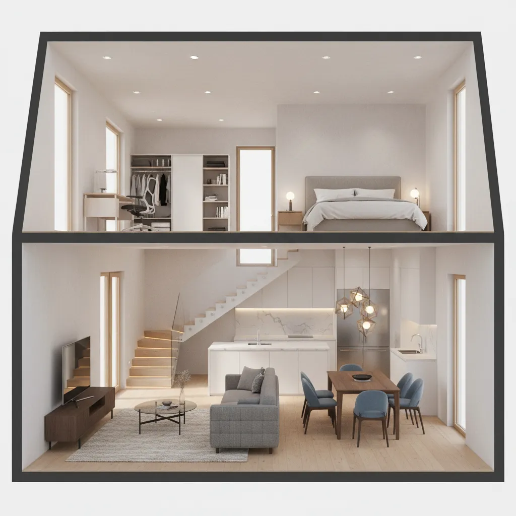 Visualización 3D de diseño interior de casa pequeña de dos pisos
