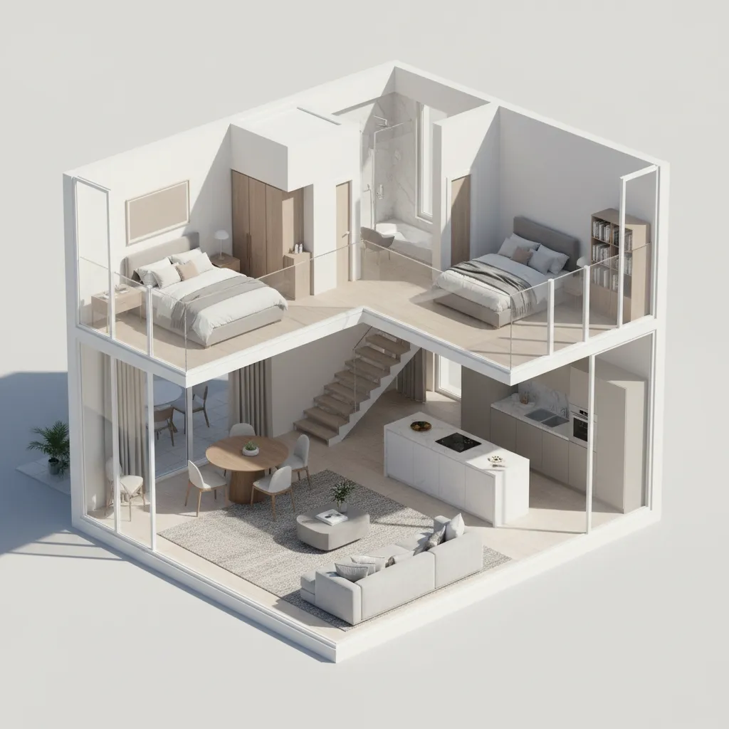 Modelo 3D de plano de casa pequeña de dos plantas