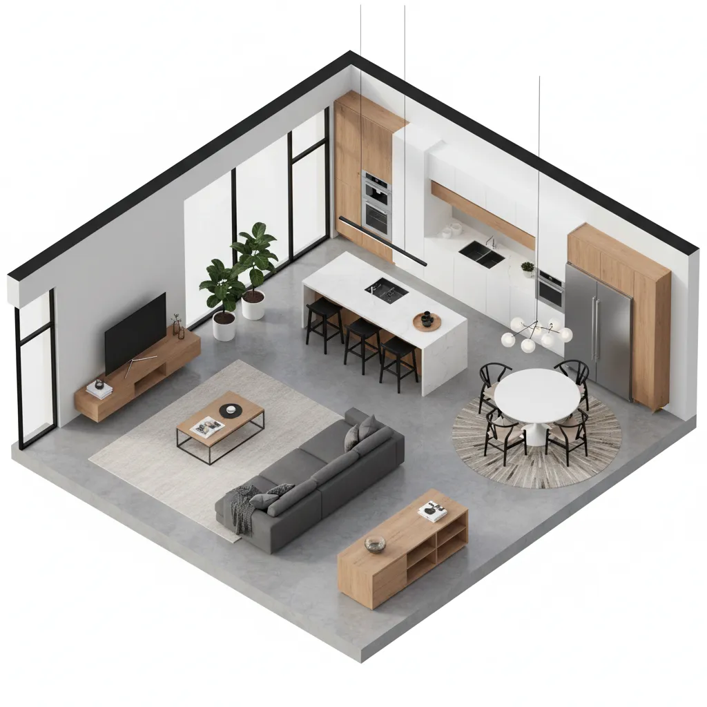 Plano 3D de una casa pequeña con distribución moderna
