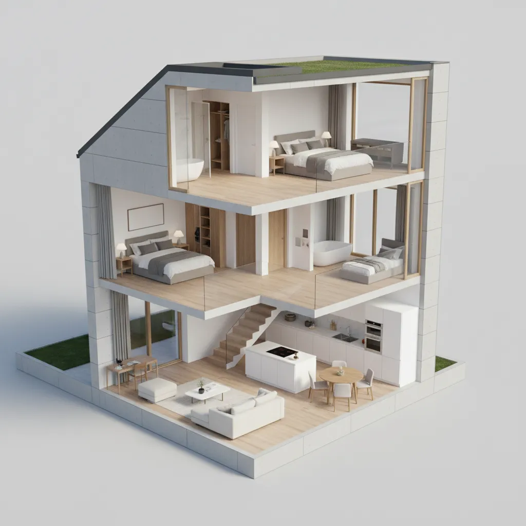 Vista 3D de la distribución de una casa pequeña con tres habitaciones