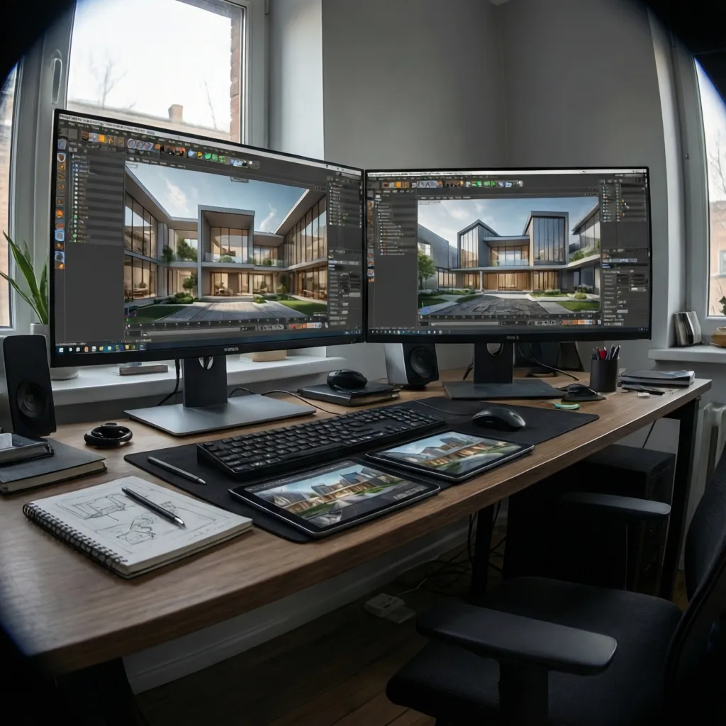 Workspace showing multiple 3D design tools and modeling interfaces on monitors