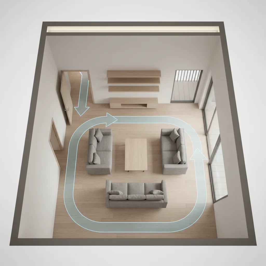 3D visualization showing furniture placement and walking paths