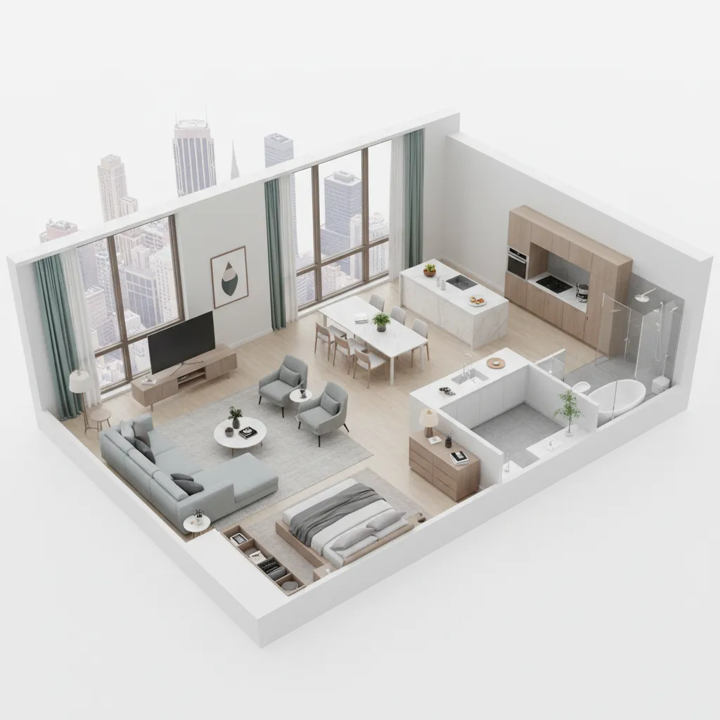 visualización 3D de distribución de muebles en un salón