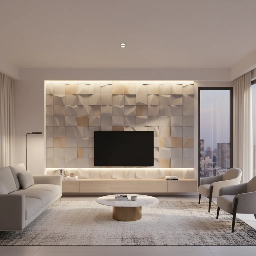 3D textured wall elevation tiles used as a modern living room feature wall