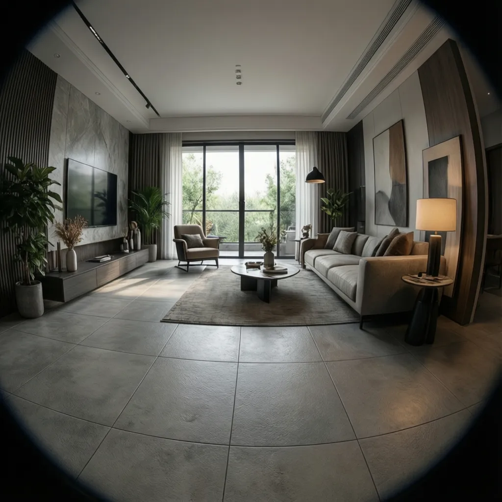 Realistic 3D interior rendering of a living room with ceramic tile flooring