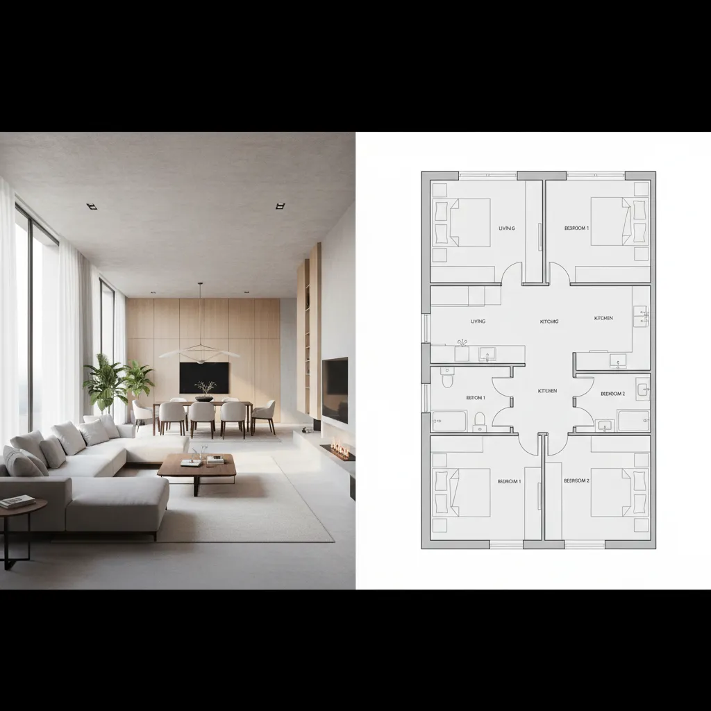 3D house model switching to bird’s eye floor plan view
