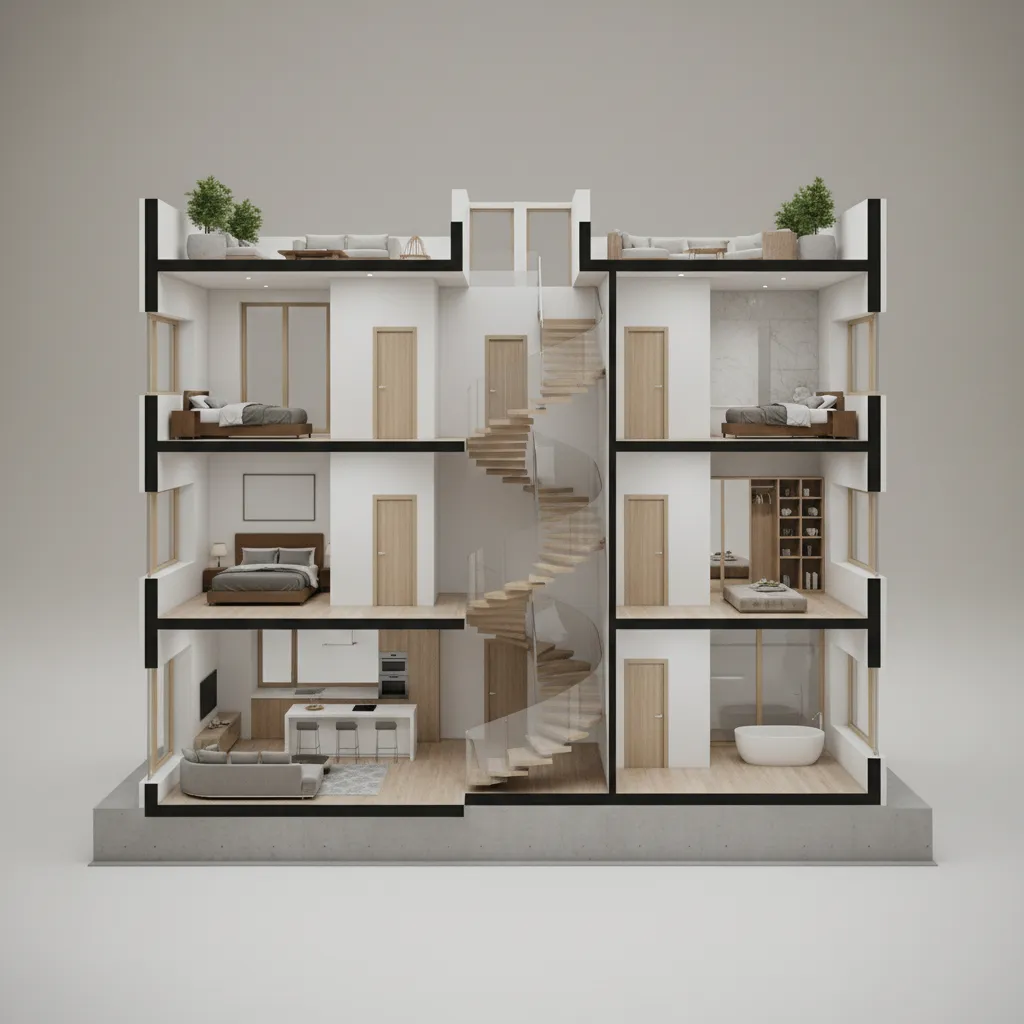 Mô hình 3D nhà phố hiển thị cấu trúc các tầng