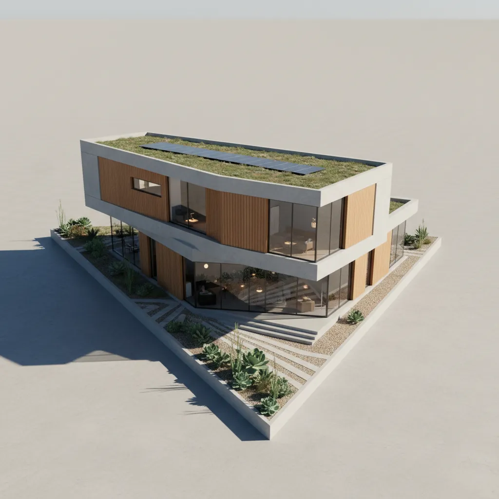 Modelo 3D de una vivienda diseñada sobre un lote triangular