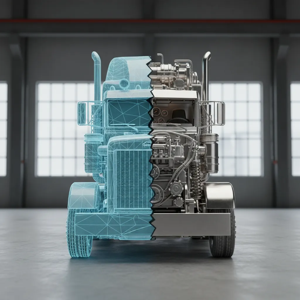 Split view showing a blue digital truck outline and a detailed realistic metal engine model