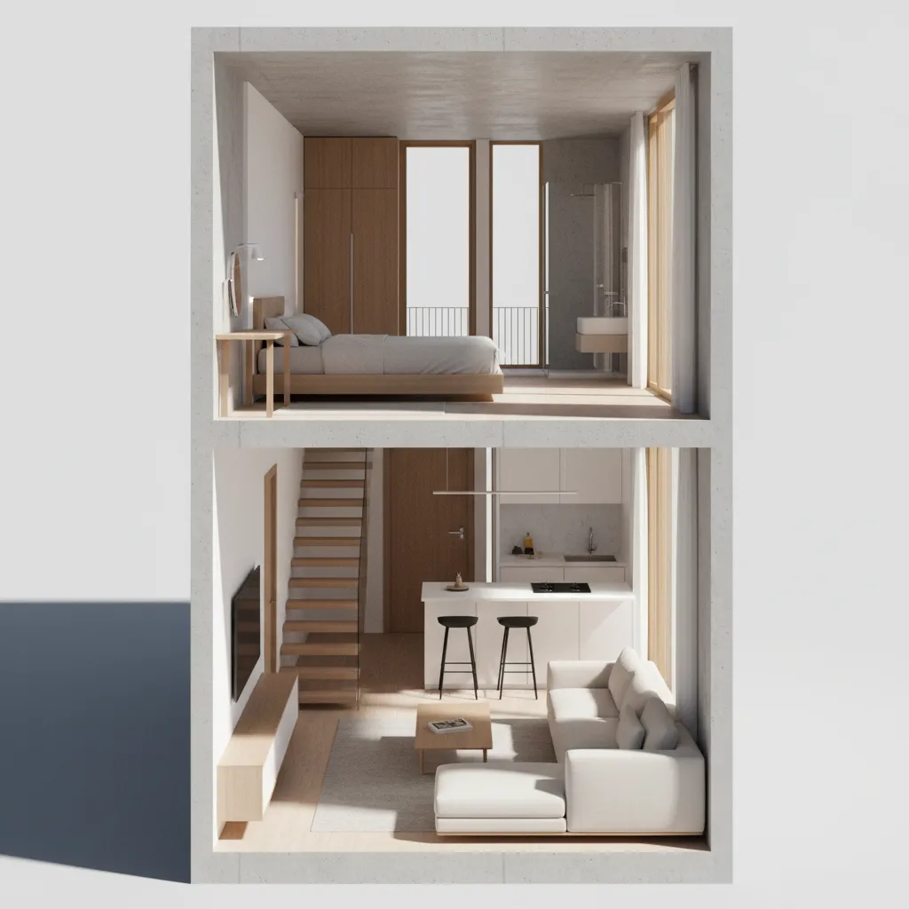 Interior design drawing showing a two level home with sofa kitchen stairs and upstairs bedroom