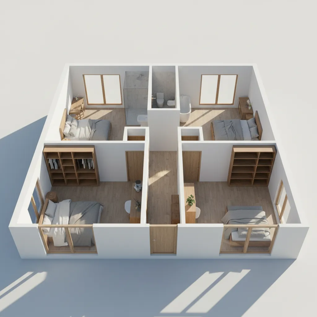 Visualización 3D de la planta alta de una casa con dormitorios y baño