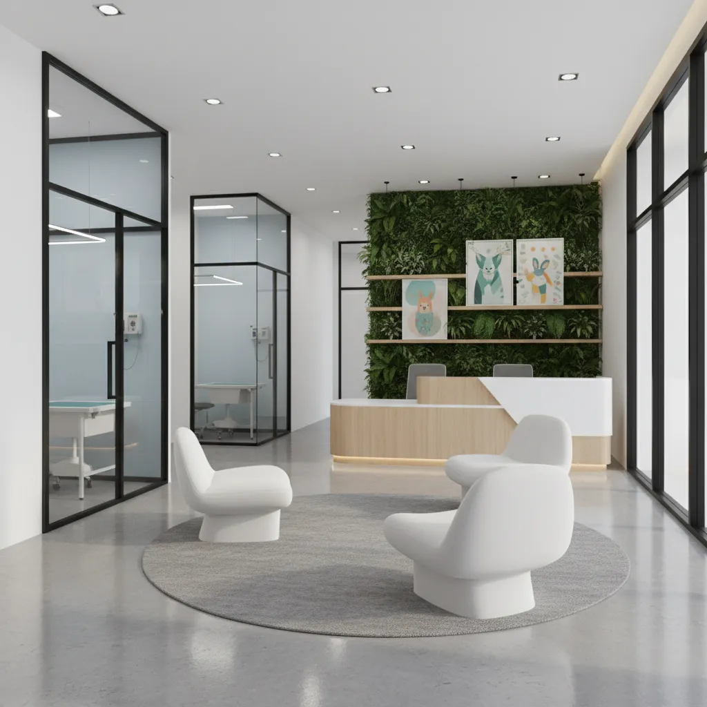 Render 3D del diseño interior de una clínica veterinaria