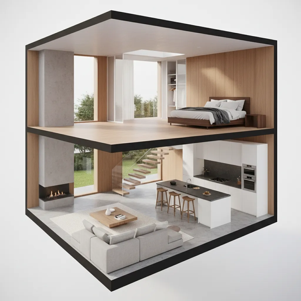 Modern interior design drawing showing two floors with living room and kitchen plus a bedroom upstairs